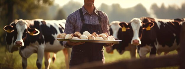 Boer houdt zuivelproducten in zijn handen Generatieve AI Voedsel