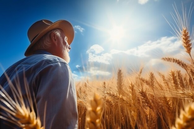 Boer in een strohoed bewondert de eindeloze tarwevelden tegen de achtergrond van een blauwe zonnige hemel