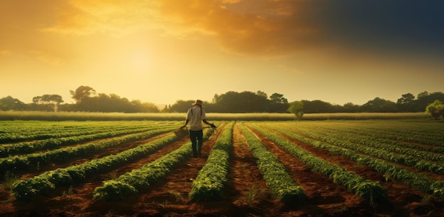 Boer in het veld bij zonsopgang, een symbool van groei