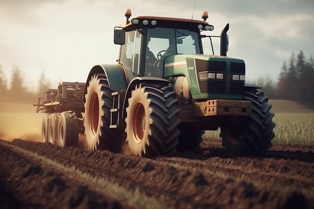 Boer in tractor land voorbereiden met zaaibed cultivator bij zonsondergang op het veld generatieve ai