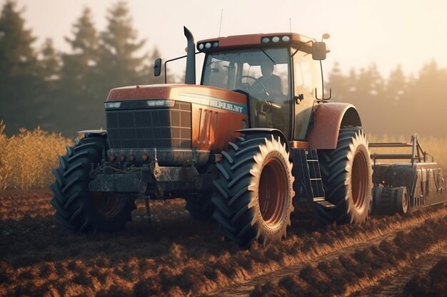 Boer in tractor land voorbereiden met zaaibed cultivator bij zonsondergang op het veld generatieve ai