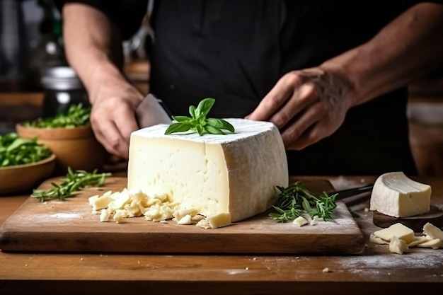 Boer kaasmaker houdt een groot stuk kaas in de hand kaas met grote gaten hoofd van handgemaakte harde kaas zelfgemaakte kaasproductie