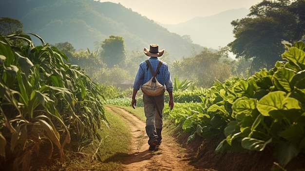 Boer man lopen over plantage op boerderij