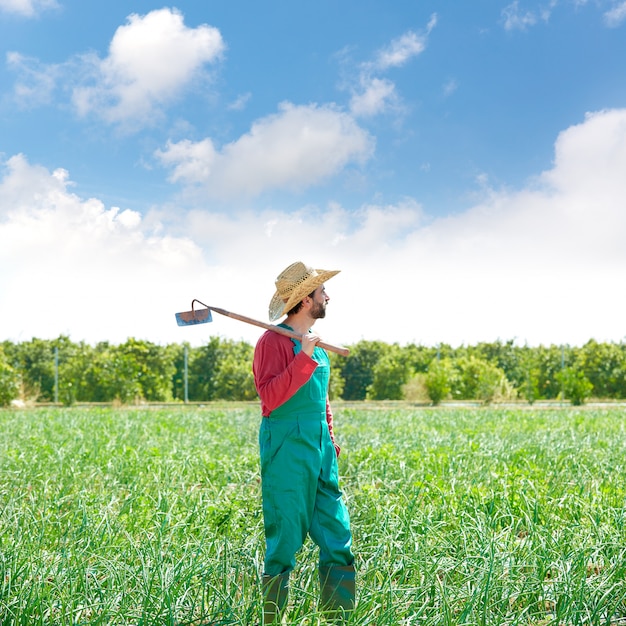 Boer man met schoffel kijken naar zijn veld