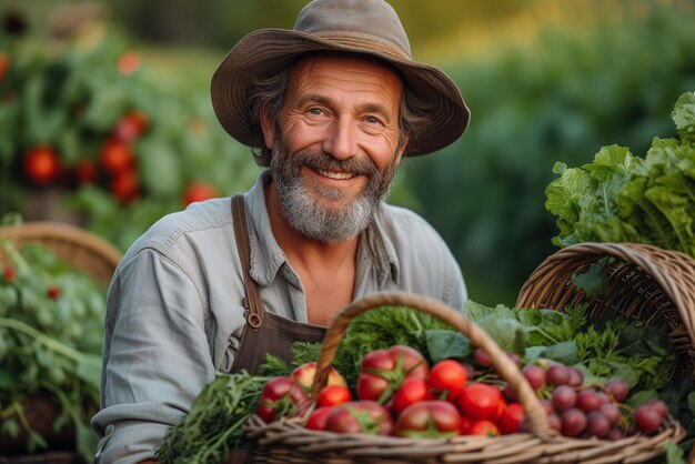 Boer mand verse groenten en fruit gezonde voedsel oogst in de zomer werk op een boerderij of in een tuin