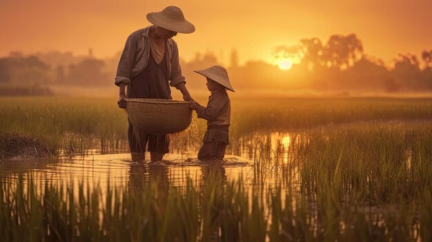 boer met dochter die rijst oogst op een veld bij zonsopgang