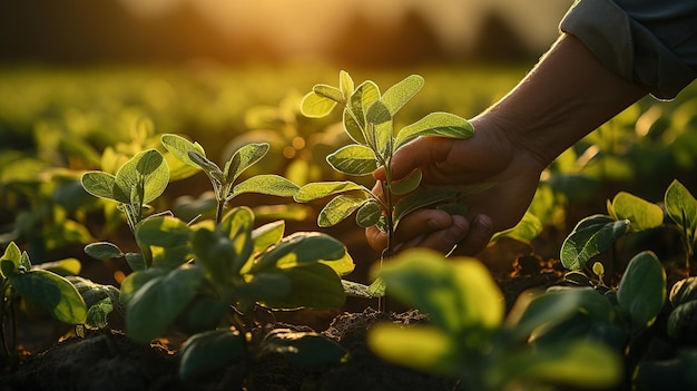 Foto boer met een jonge groene sojabonenplant in het veld bij zonsondergang