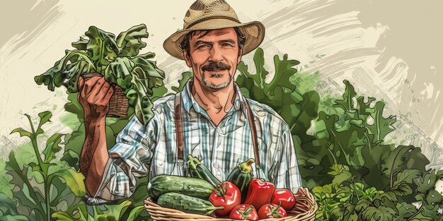 Boer met groenten en fruit in zijn handen Generatieve AI