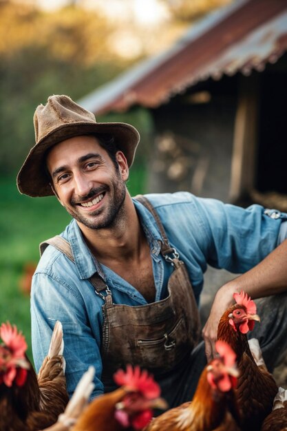 boer met kippen die lachen op de boerderij