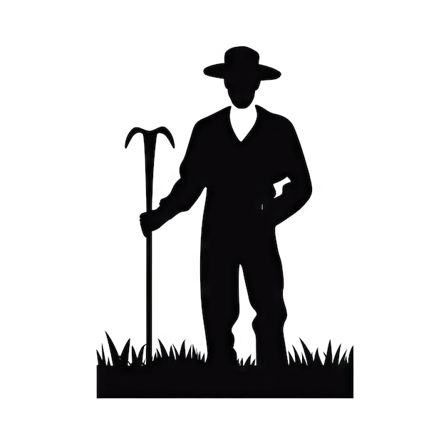 Boer met mattock in het veld zwart silhouet op wit AI generatieve afbeelding Oudmodige tuinier die aan het werk is op een ranch plat illustratie