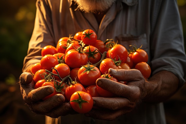 Boer met verse tomaten in de ochtend Voedsel Groenten Landbouw