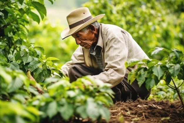 Boer op arabica koffieplantage AI Generative