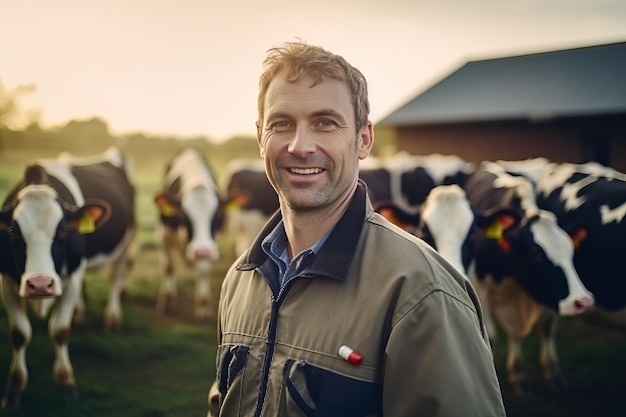 Boer op de achtergrond van koeien Het concept van een melkveehouderij eco melk generatieve ai