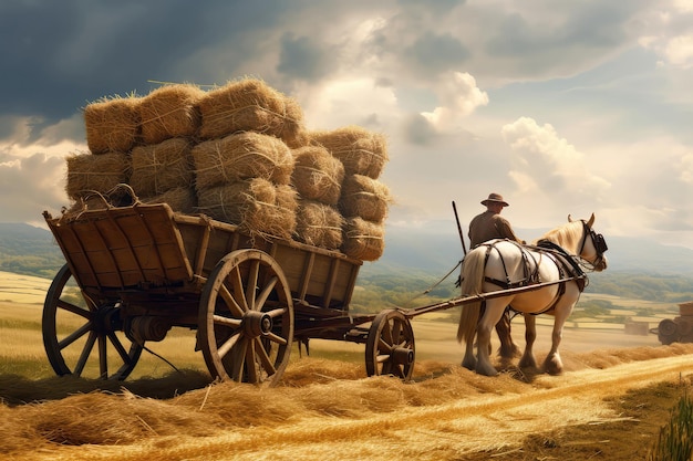 Boer op door paarden getrokken wagen die balen hooi vervoert in schilderachtig landschap Generatieve AI