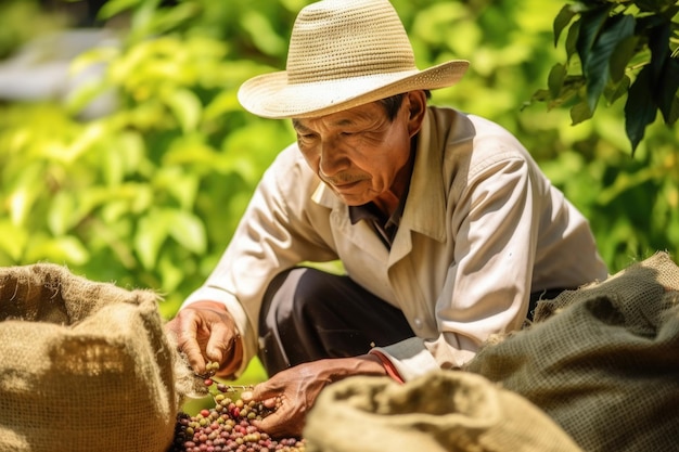 Boer op een arabica koffieplantage AI Generative