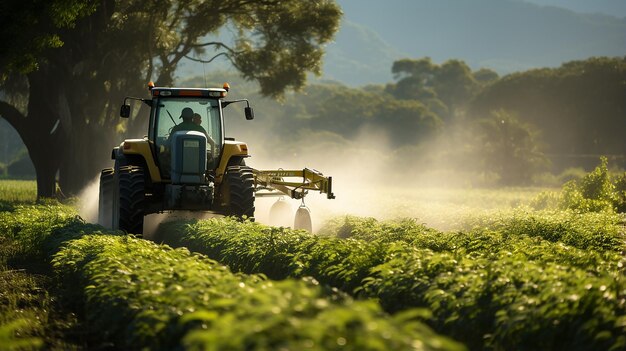 Boer op een tractor met een sprayer maakt meststof voor jonge groenten