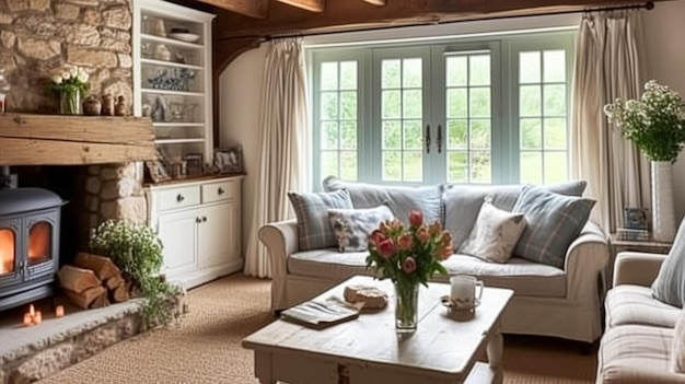 Boerderij cottage interieur huisinrichting zitkamer en woonkamer bank en meubels in Engelse landhuisstijl inspiratie
