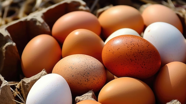 Boerderij eieren op bed van stro en Burlap textuur Generatieve AI