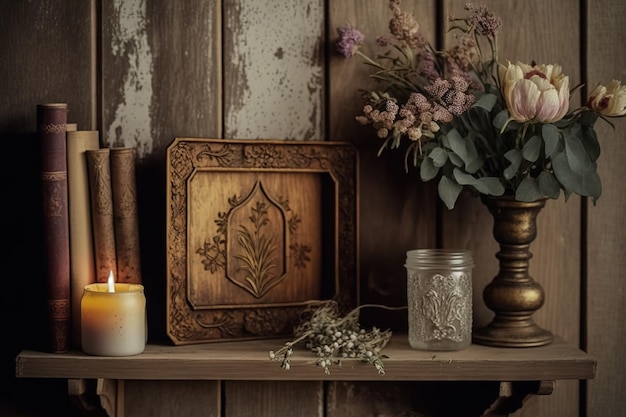 Boerderij-interieur uit vervlogen tijden Boven een houten wand een vintage plank met een boek een kaars en droogbloemen meubels voor in huis