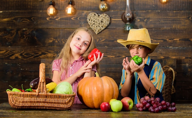 Boerderij markt. Landbouw leert kinderen waar hun voedsel vandaan komt. Kinderen boeren meisje jongen groenten oogst. Familie boerderij. Broers en zussen die plezier hebben. Kinderen presenteren boerderij oogst houten achtergrond.