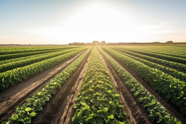 Boerderij met rijen gewassen die in de zon groeien, gemaakt met generatieve AI