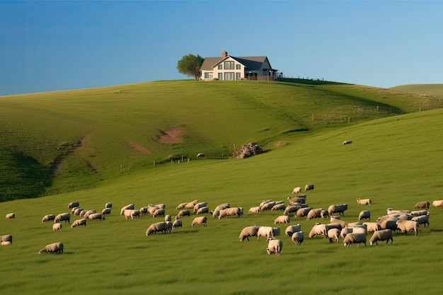 Boerderij omgeven door een kudde grazende schapen op glooiende heuvels gecreëerd met generatieve AI