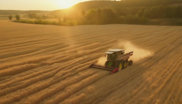 Foto boerderij oogst tarwe in de gouden zonsondergang gegenereerd kunst behang