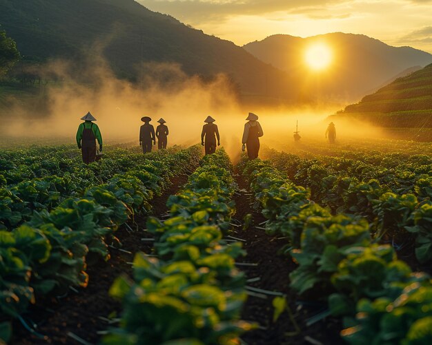 Boeren die zich bezighouden met gewassen op een vruchtbaar veld met een zachte zonsopgang de zachte vaagheid van arbeiders en land