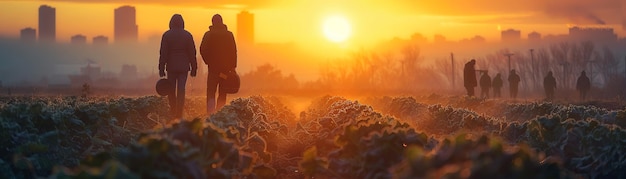 Boeren die zich bezighouden met gewassen op een vruchtbaar veld met een zachte zonsopgang de zachte vaagheid van arbeiders en land