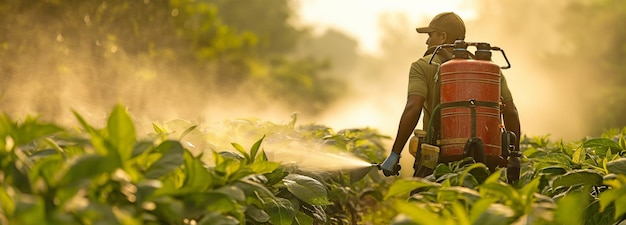 Boeren gebruiken een spuitmachine op hun rug om een mengsel van insecticide en water op tabaksbomen aan te brengen