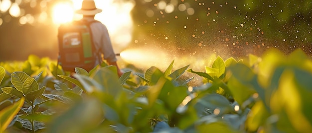 Boeren gebruiken een spuitmachine op hun rug om een mengsel van insecticide en water op tabaksbomen aan te brengen