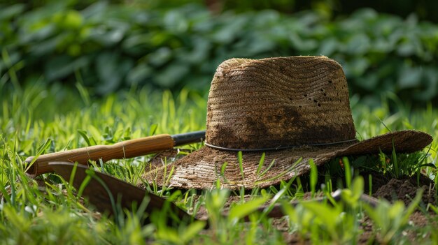 Boeren hoed en schop in een weelderig groen veld