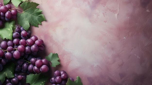 Boeren van verse paarse druiven met groene bladeren op een gestructureerde roze achtergrond ideaal voor wijn relaten
