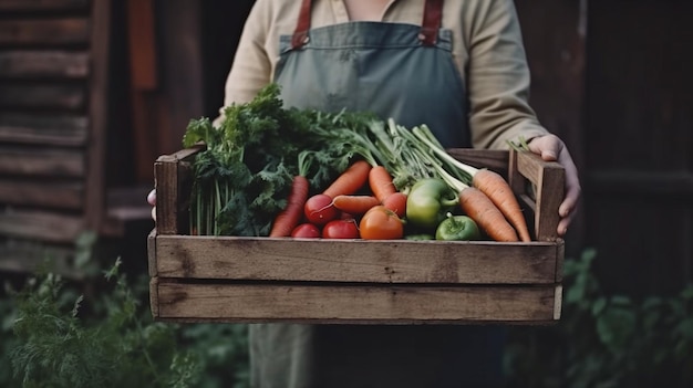 Boerendame met een houten kist gevuld met verse rauwkost een groentemand en Generative AI