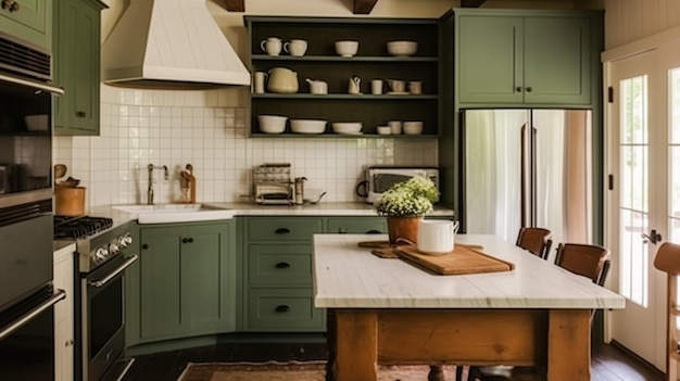 Boerenkeuken decor en interieur Engels in frame keukenkasten groen en hout in een landhuis elegante cottage-stijl inspiratie