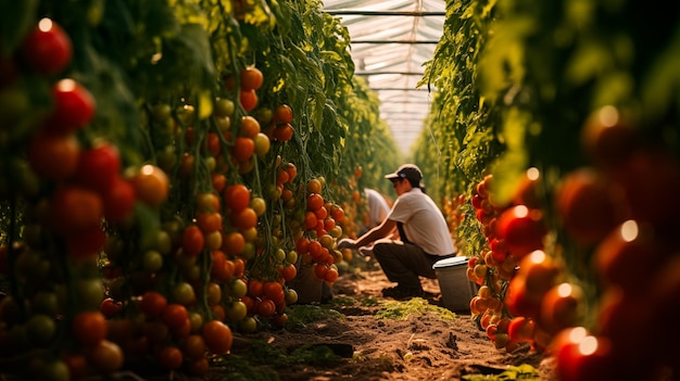 Boerenvrouw professionele plukcontrole groente landbouwgrond rijpe tomatenplant groeit in kas