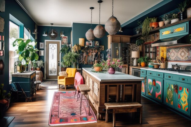 Foto boheems huis met een grillig decor en een verbluffende mix van kleuren