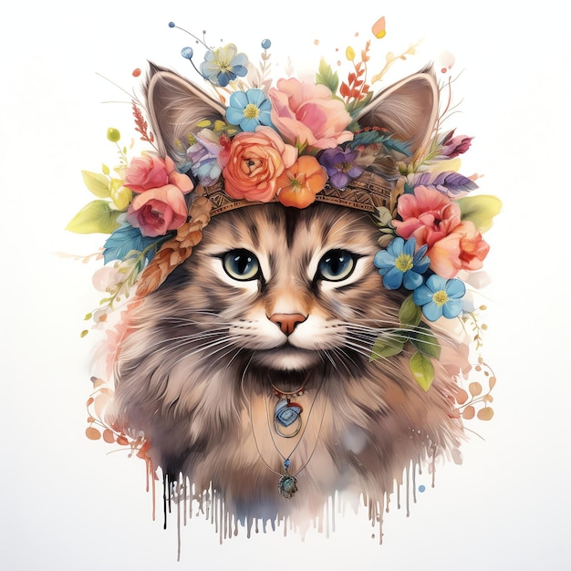 Boheemse Kitty in een omzoomde sjaal en bloemkroon aquarelstijl illustratie voor