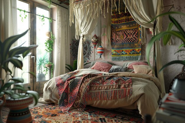 Bohemian bedroom with a canopy bed and layered tex