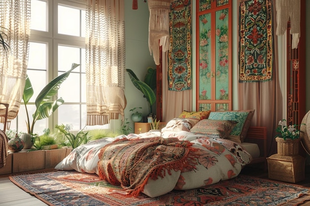 Bohemian bedroom with eclectic decor octane render