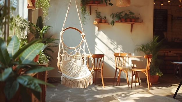 Bohemian Bliss Trendy Decor with a Macrame Swing in a Cafe Retreat Generative AI