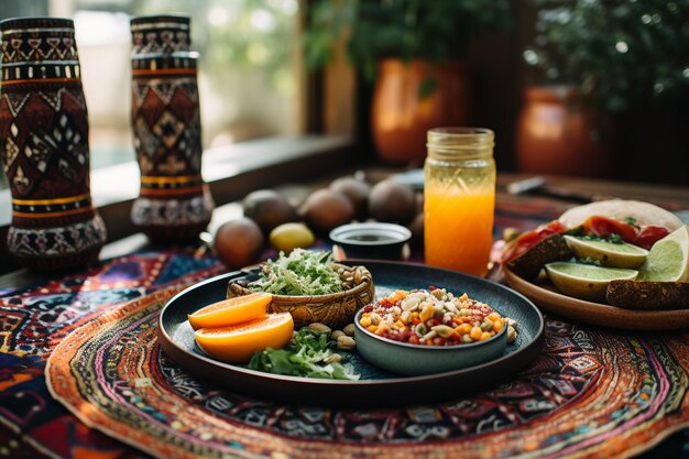 Photo a bohemian chic brunch scene with orange juice avocado toast and eclectic decor