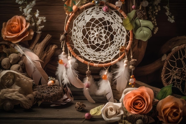 Bohemian dreamcatcher with feathers beads and lace hanging from a wooden branch