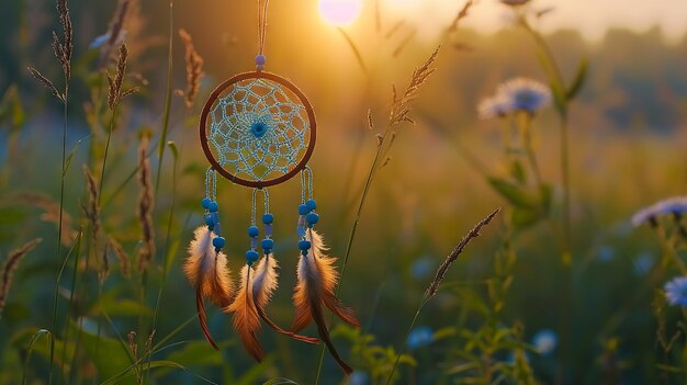 Bohemian dreamcatcher with royal blue feathers in a sunlit meadow