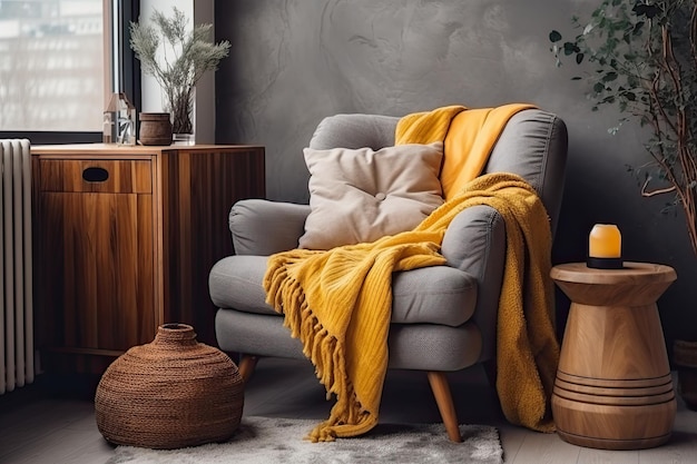 シックなグレーのソファと竹のコーヒーテーブルを備えたボヘミアンな室内装飾スタイリッシュなリビングルームのインテリア