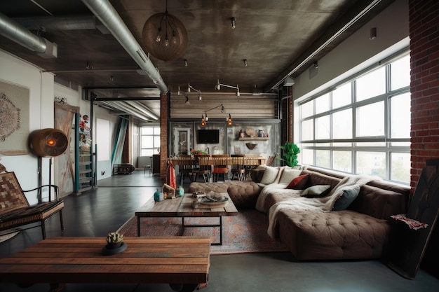 Photo bohemian home with industrial accents exposed pipes and raw steel