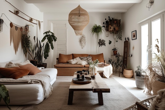 Photo a bohemian home with a minimalist interior featuring natural materials and organic accents