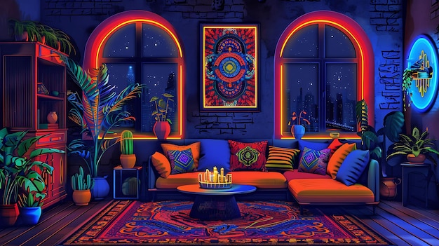 Bohemian Inspired Living Room With a Mix of Colorful Textile Interior Room Neon Light VR Concept