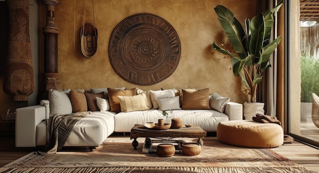 Photo bohemian living a modern interior with multicultural wall art and earthtoned decor