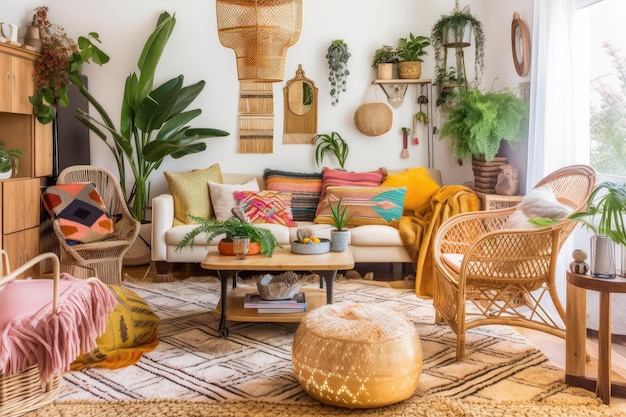 Premium AI Image | Bohemian living room with lush greenery rattan ...